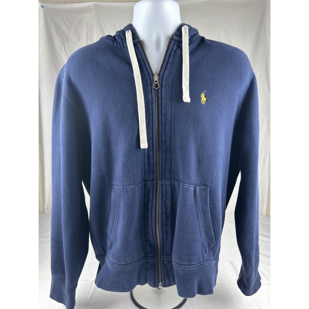 Polo Ralph Lauren Zip Up Hoodie Mens L‎ Sweatshirt Navy Blue Yellow Pony Heavy